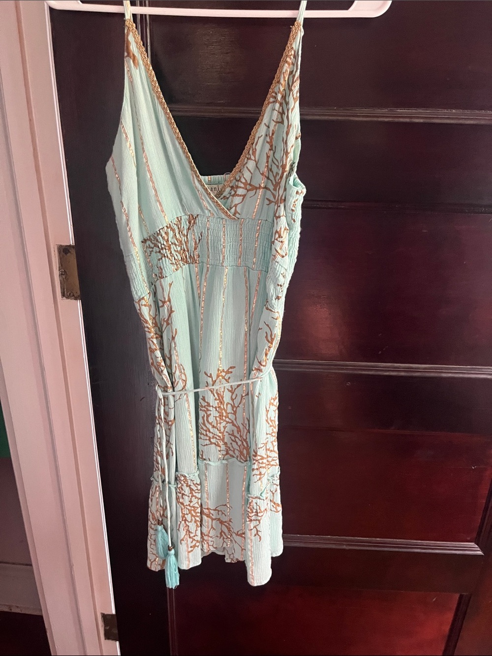 Mint Green Spaghetti Strap Summer Dress with Gold Coral Print